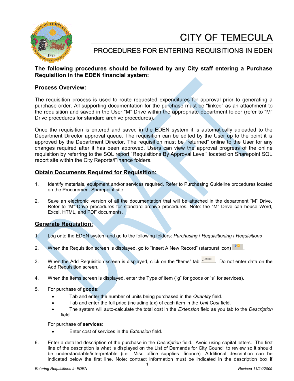 Procedures for Entering Requisitions in Eden