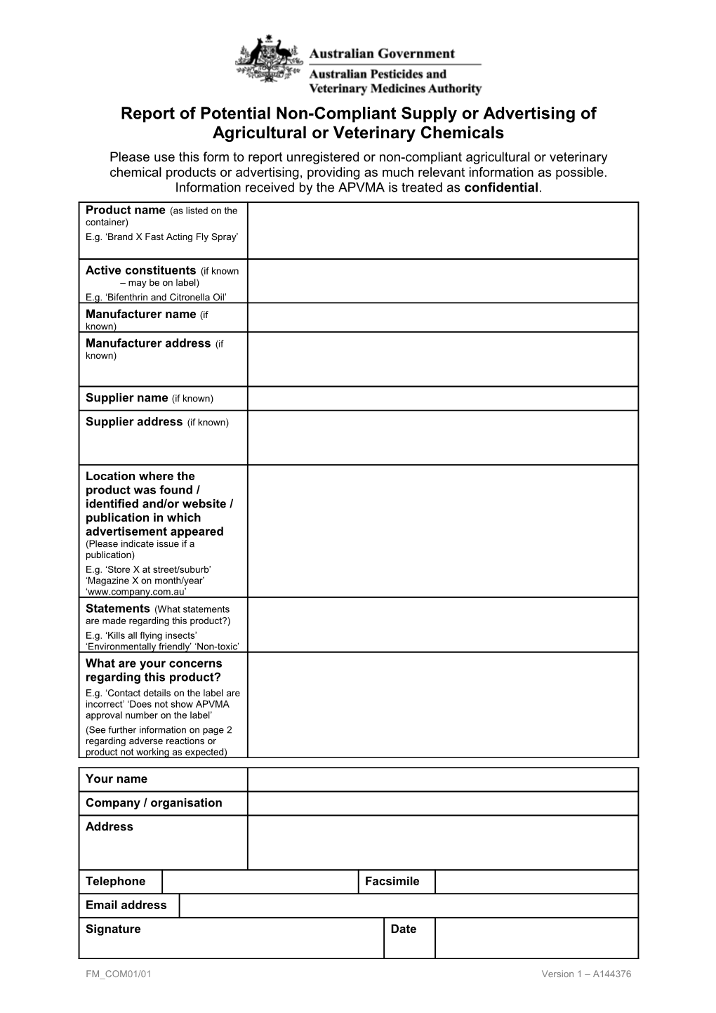 Report of Non Compliant Agricultural Or Veterinary Chemicals Or Advertising