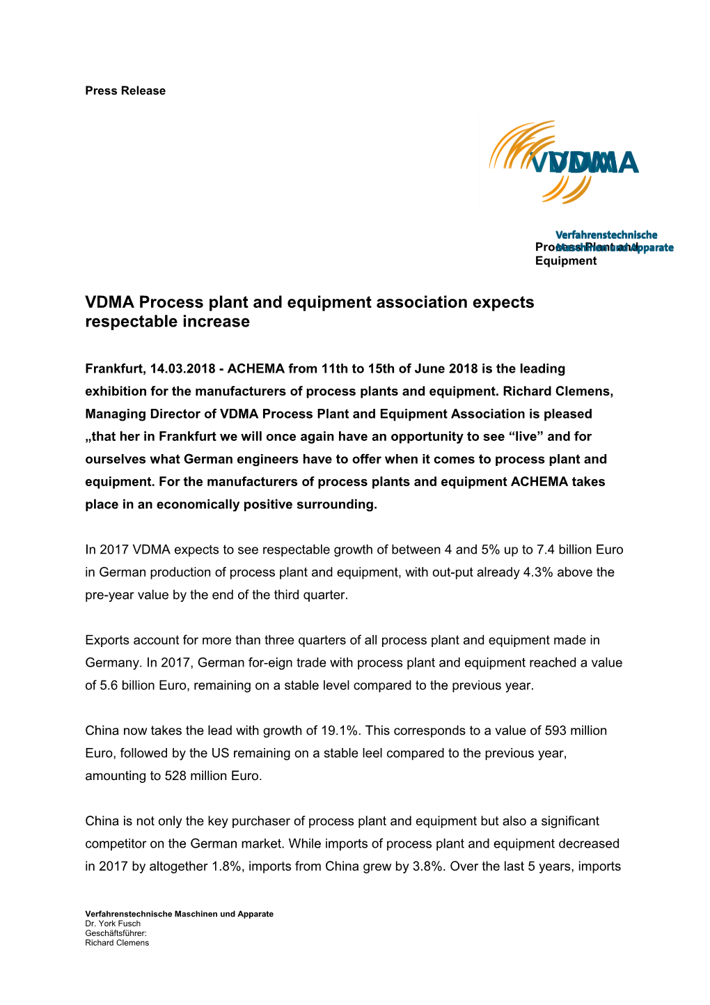 VDMA Process Plant and Equipment Association Expects Respectable Increase