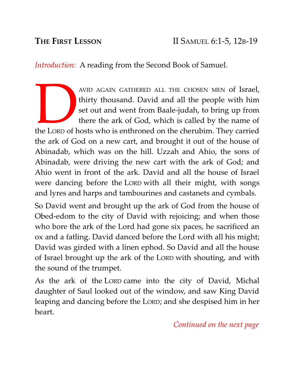 Introduction: a Reading from Thesecond Book of Samuel