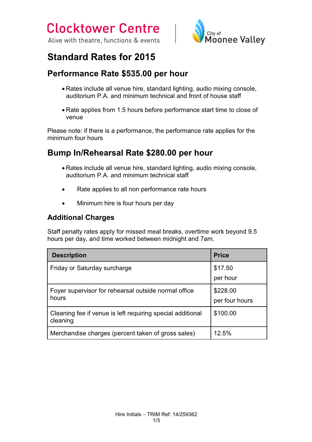 Standard Hire Rates 2014