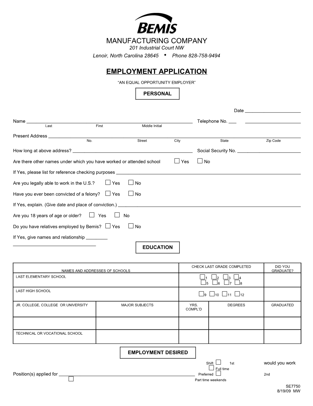 Lenoir Employment Application