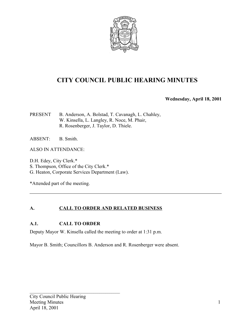 Minutes for City Council April 18, 2001 Meeting