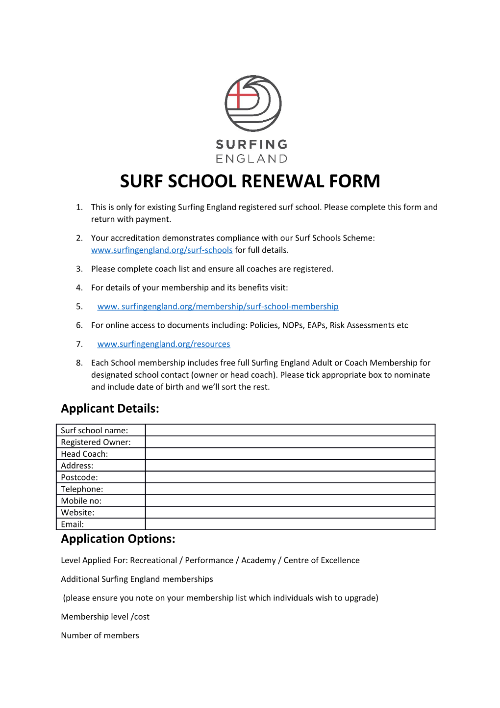 Surf School Renewal Form