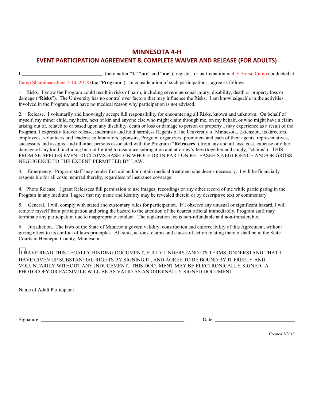 Event Participation Agreement & Complete Waiver and Release (For Adults)