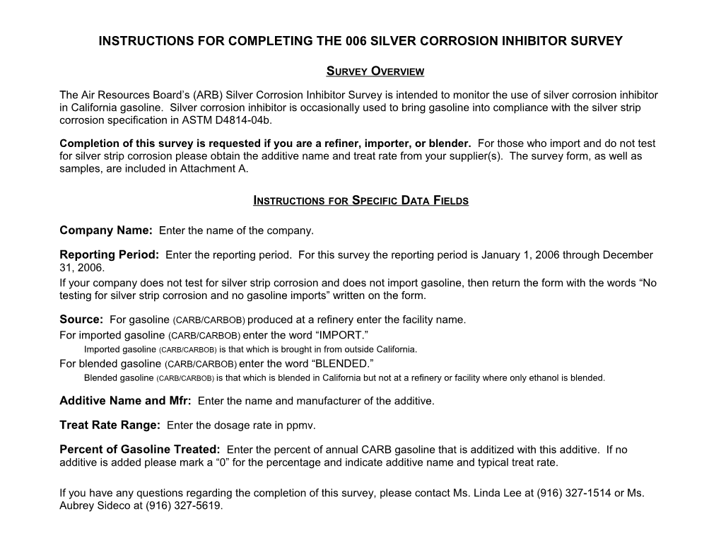 Instructions for Completing The006 Silver Corrosion Inhibitor Survey