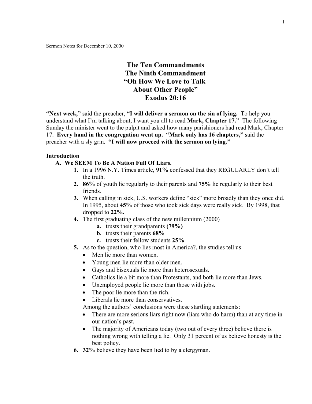 Sermon Notes for December 10, 2000