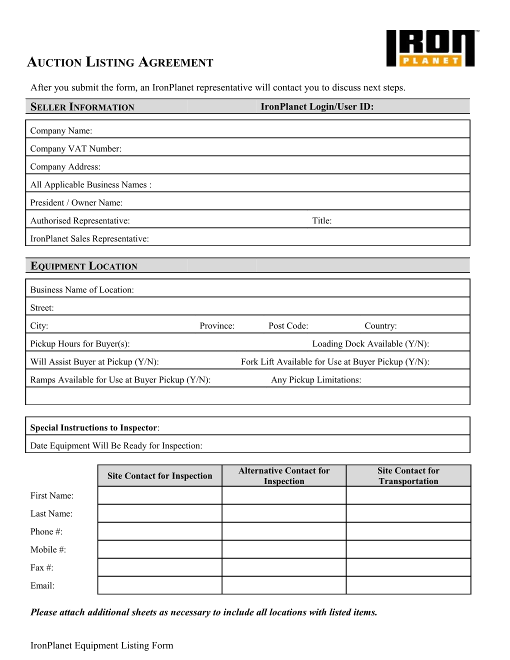 Ironplanet Equipment Listing Request Form