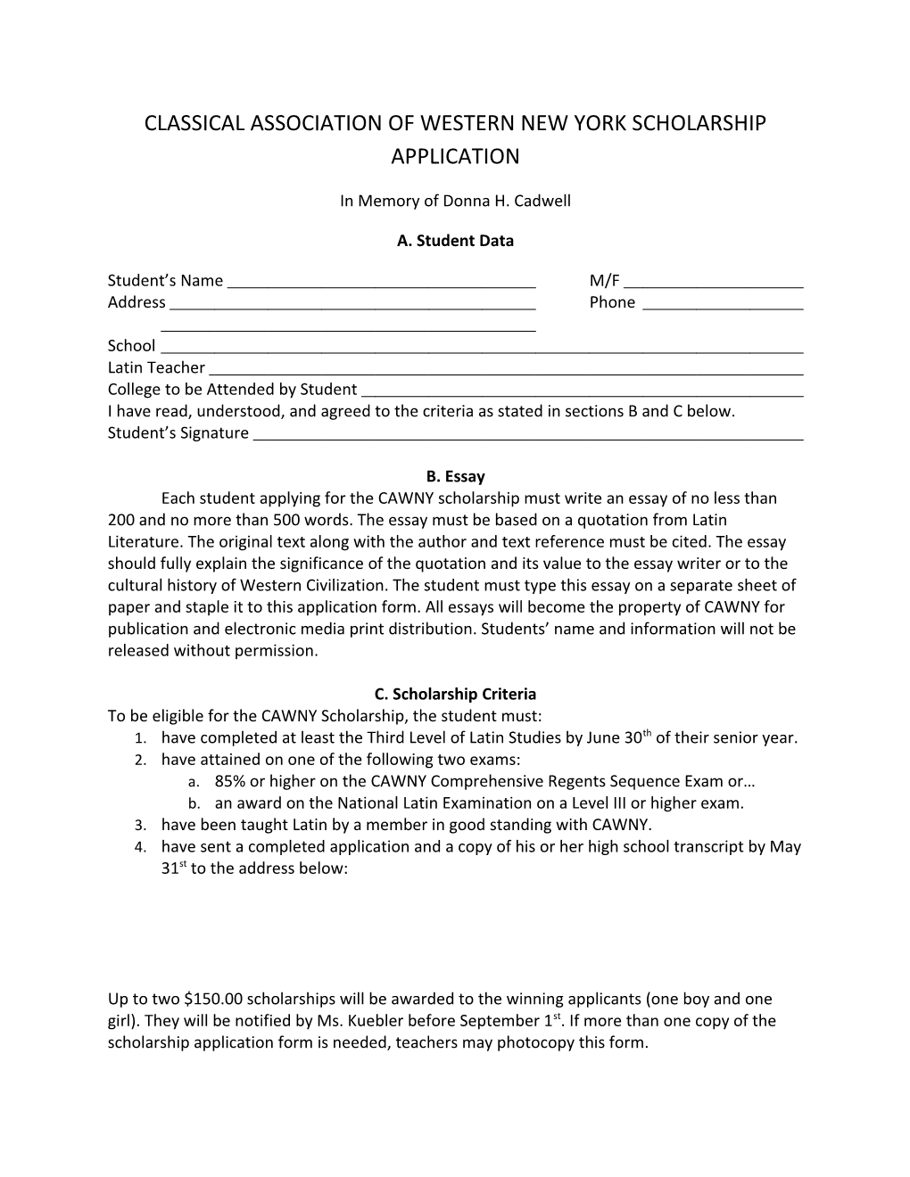 Classical Association of Western New York Scholarship Application