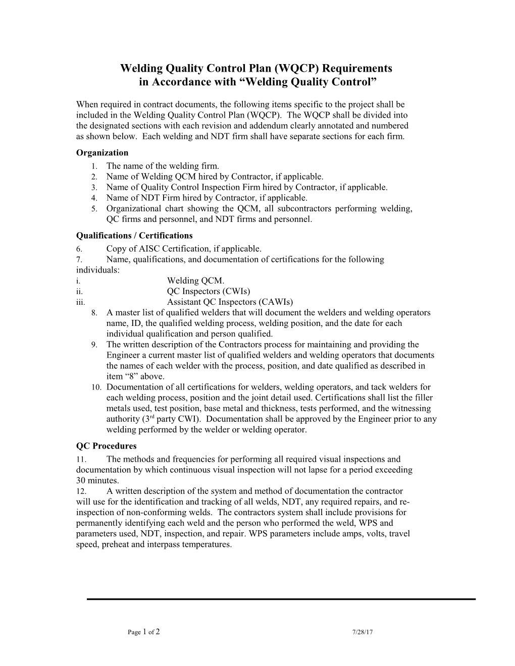 Welding Quality Control Requirements