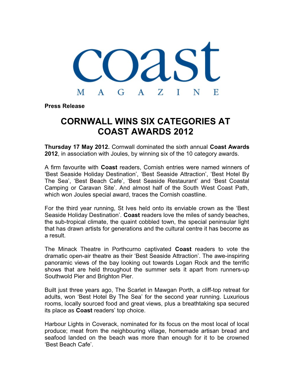 Cornwall Wins Six Categories At
