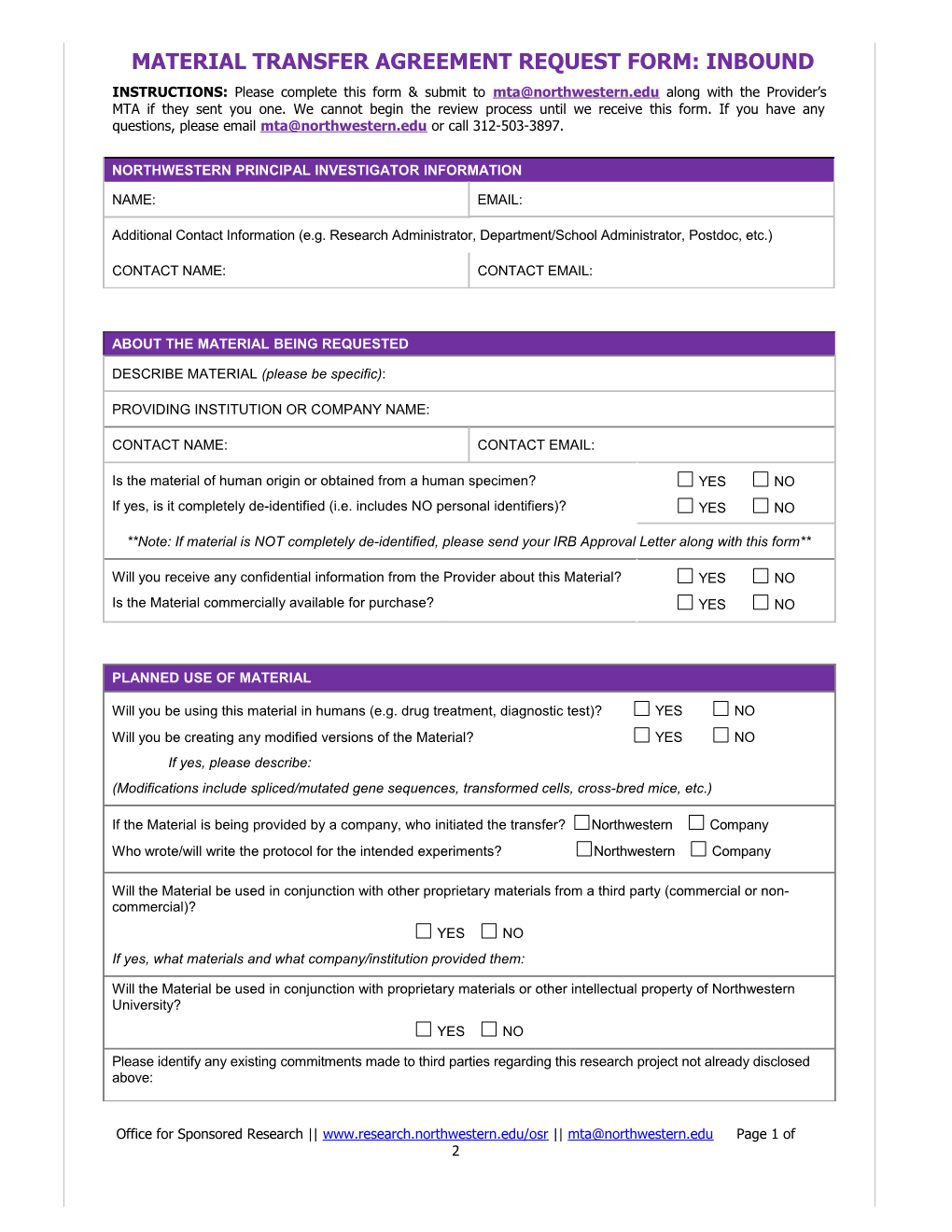 Material Transfer Agreement Request Form: Inbound