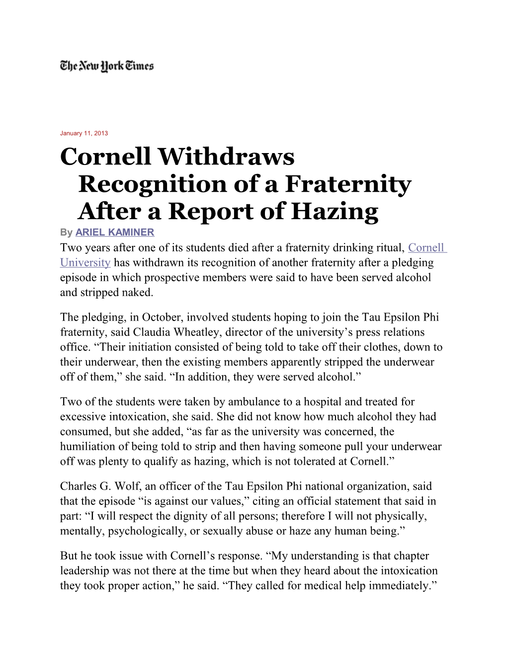 Cornell Withdraws Recognition of a Fraternity After a Report of Hazing