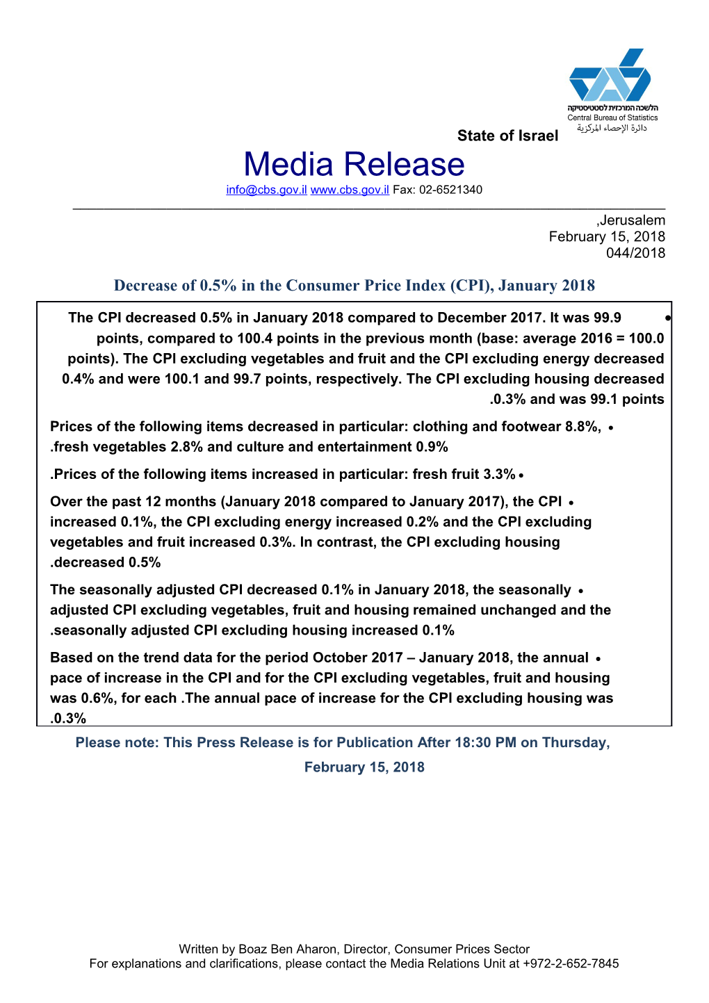 Decrease of 0.5% in the Consumer Price Index (CPI),January 2018