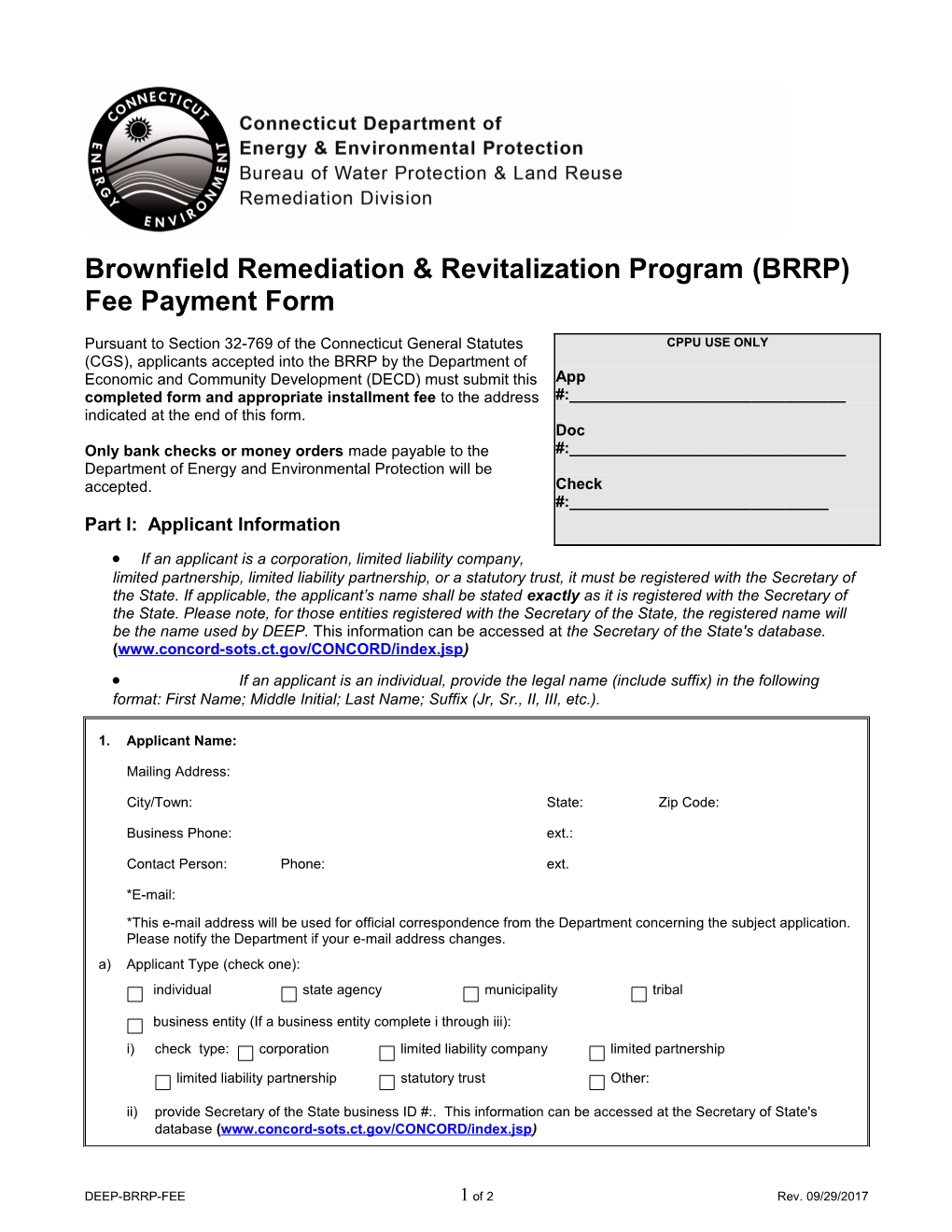 Brownfield Remediation & Revitalization Program (BRRP) Fee Payment Form