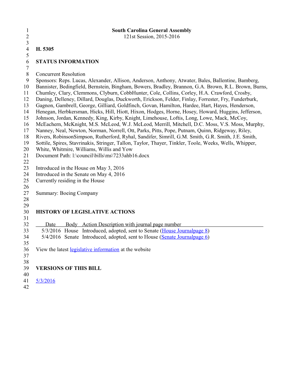 2015-2016 Bill 5305: Boeing Company - South Carolina Legislature Online