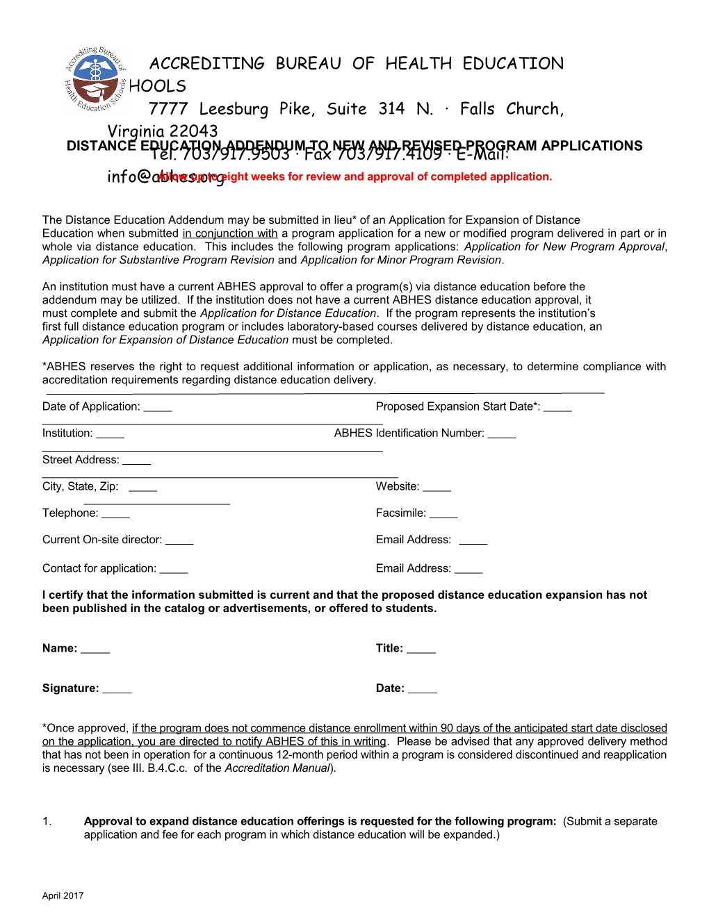 Distance Educationaddendum to New and Revised Program Applications