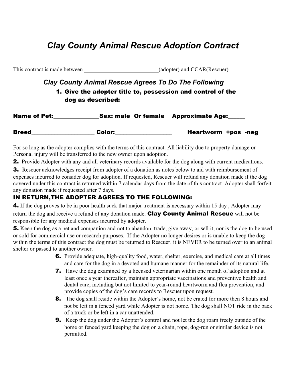 Clay County Animal Rescue Adoption Contract