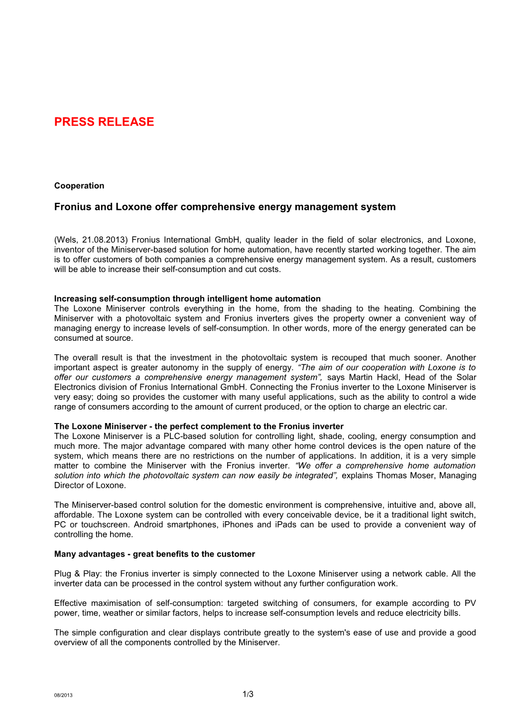 Fronius and Loxone Offer Comprehensive Energy Management System