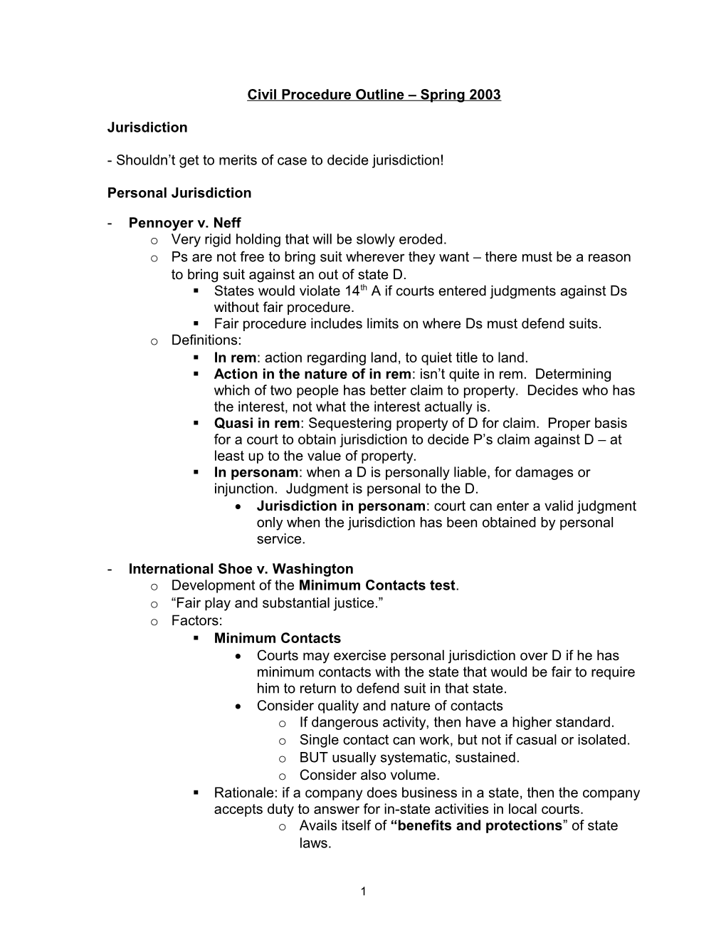 Civil Procedure Outline Spring 2003