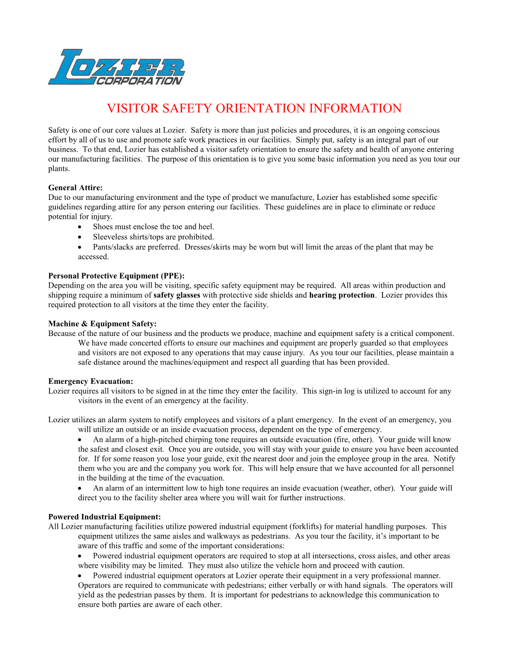 Visitor Safety Orientation Information