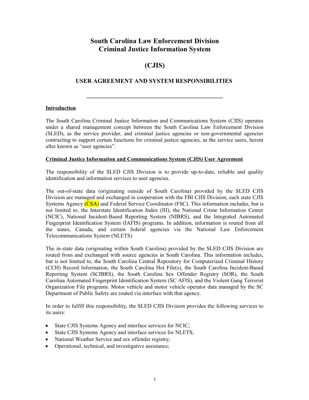 User Agreement and System Responsibilities of Terminal Agency Coordinator