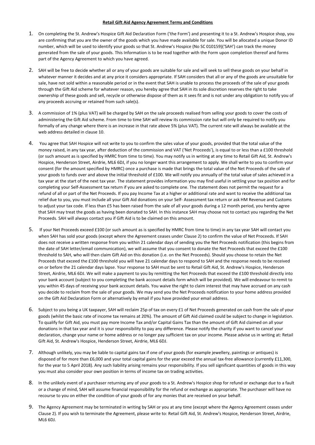 Retail Gift Aid Agency Agreement Terms and Conditions