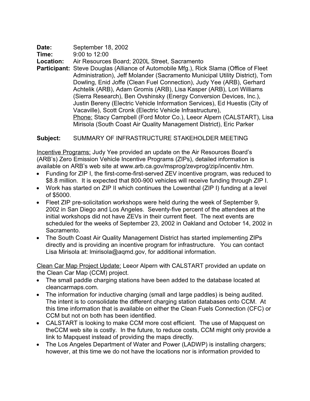 Meeting Summary for the September 18, 2002 ZEV Infrastructure Stakeholder Meeting