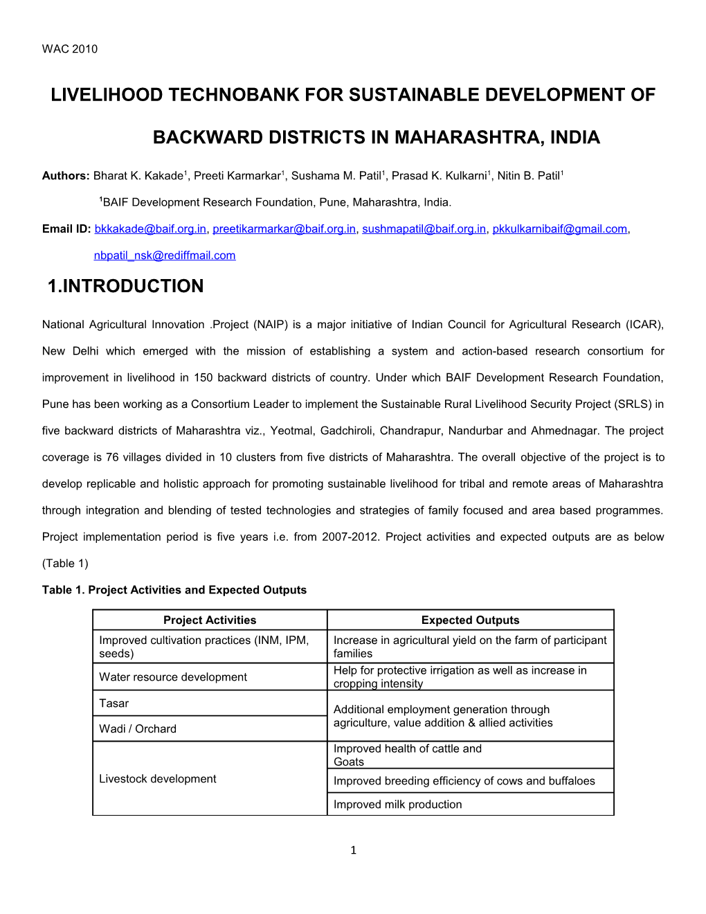Livelihood Technobank for Sustainable Development of Backward Districts in Maharashtra, India