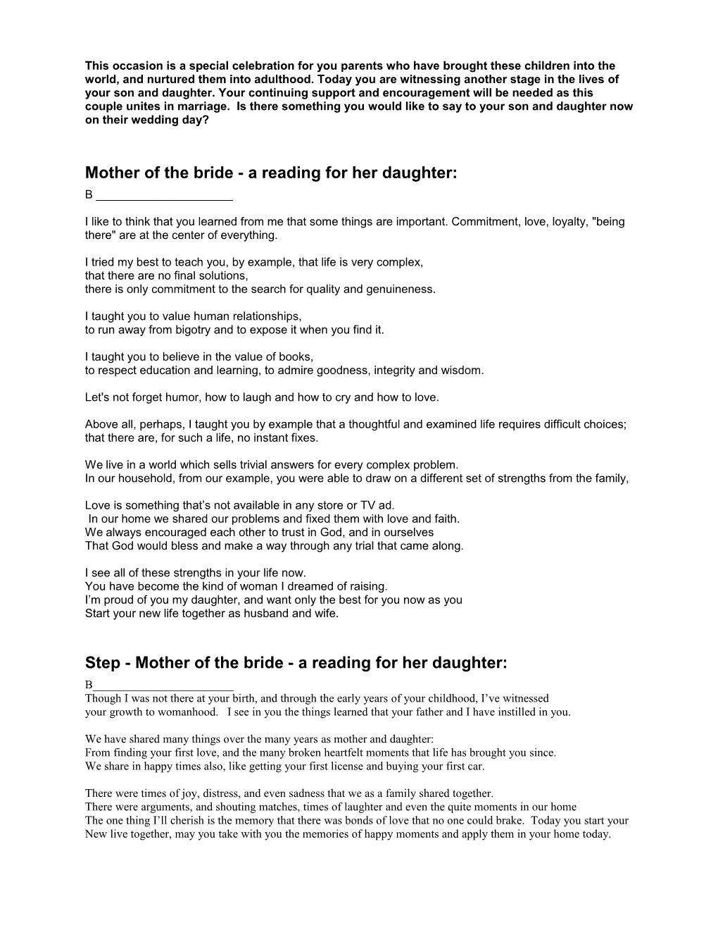Mother of the Bride - a Reading for Her Daughter
