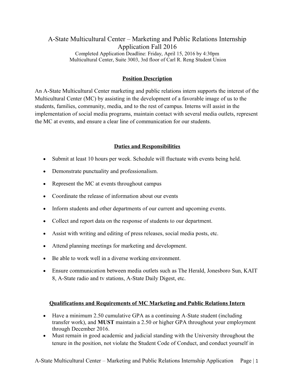 A-State Multicultural Center Marketing and Public Relations Internship Application Fall 2016