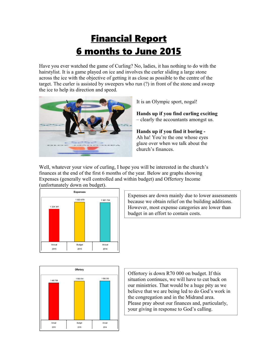 Financial Report 6 Months to June 2015