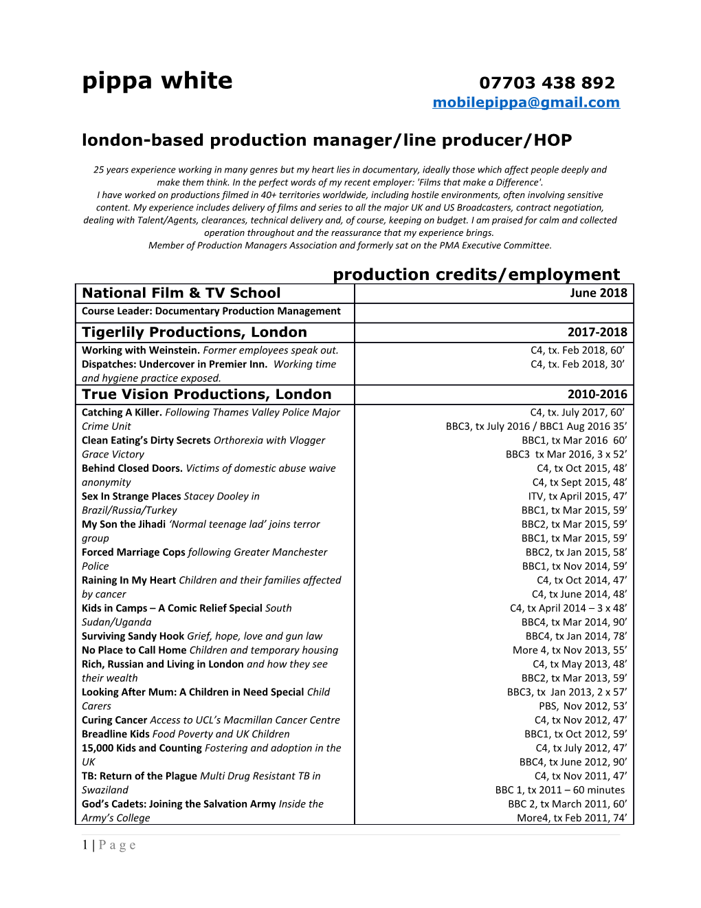 London-Based Production Manager/Line Producer/HOP