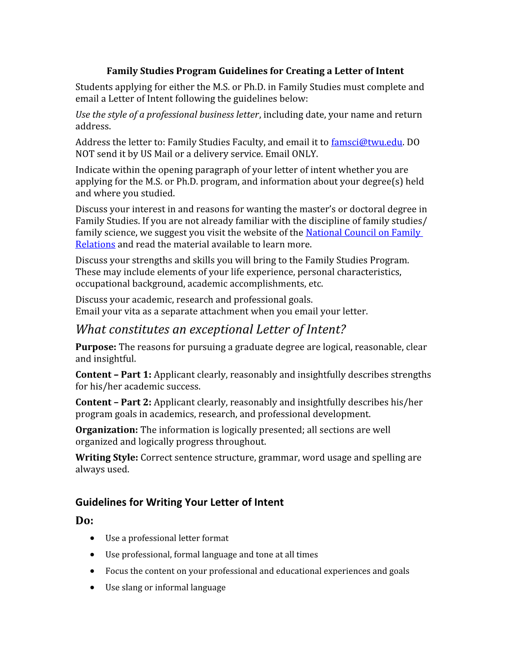 Family Studies Program Guidelines for Creating a Letter of Intent
