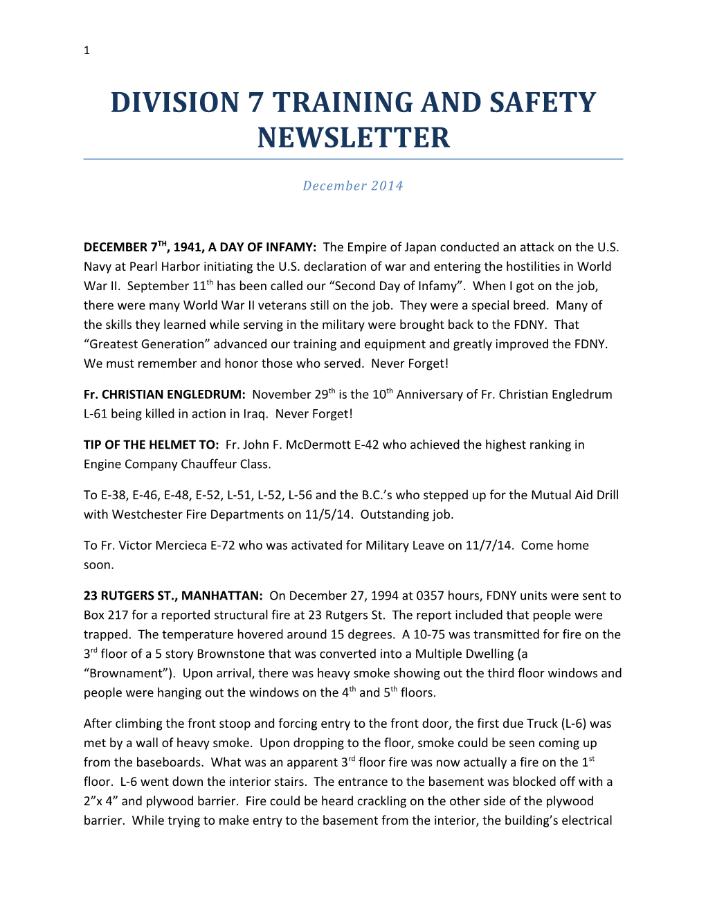 Division 7 Training and Safety Newsletter