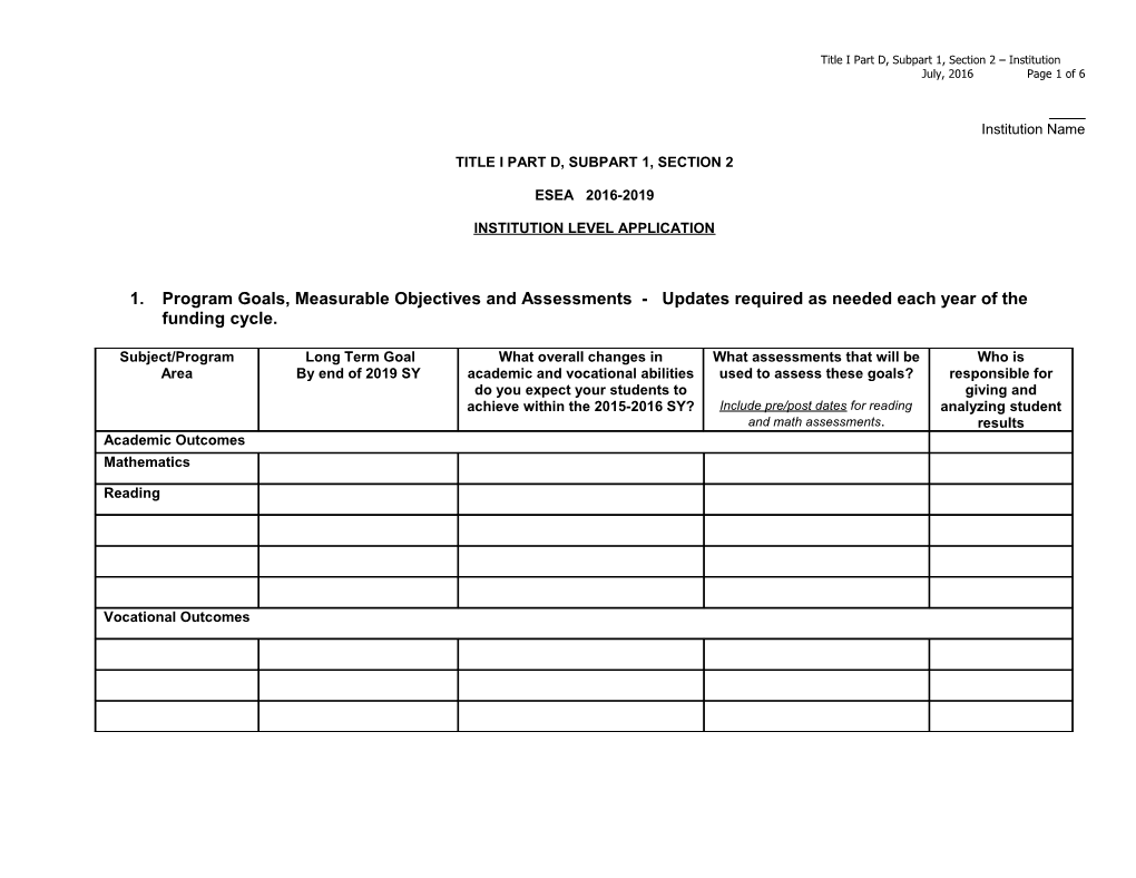 Title I Part D, Subpart 1, Section 2 Institution