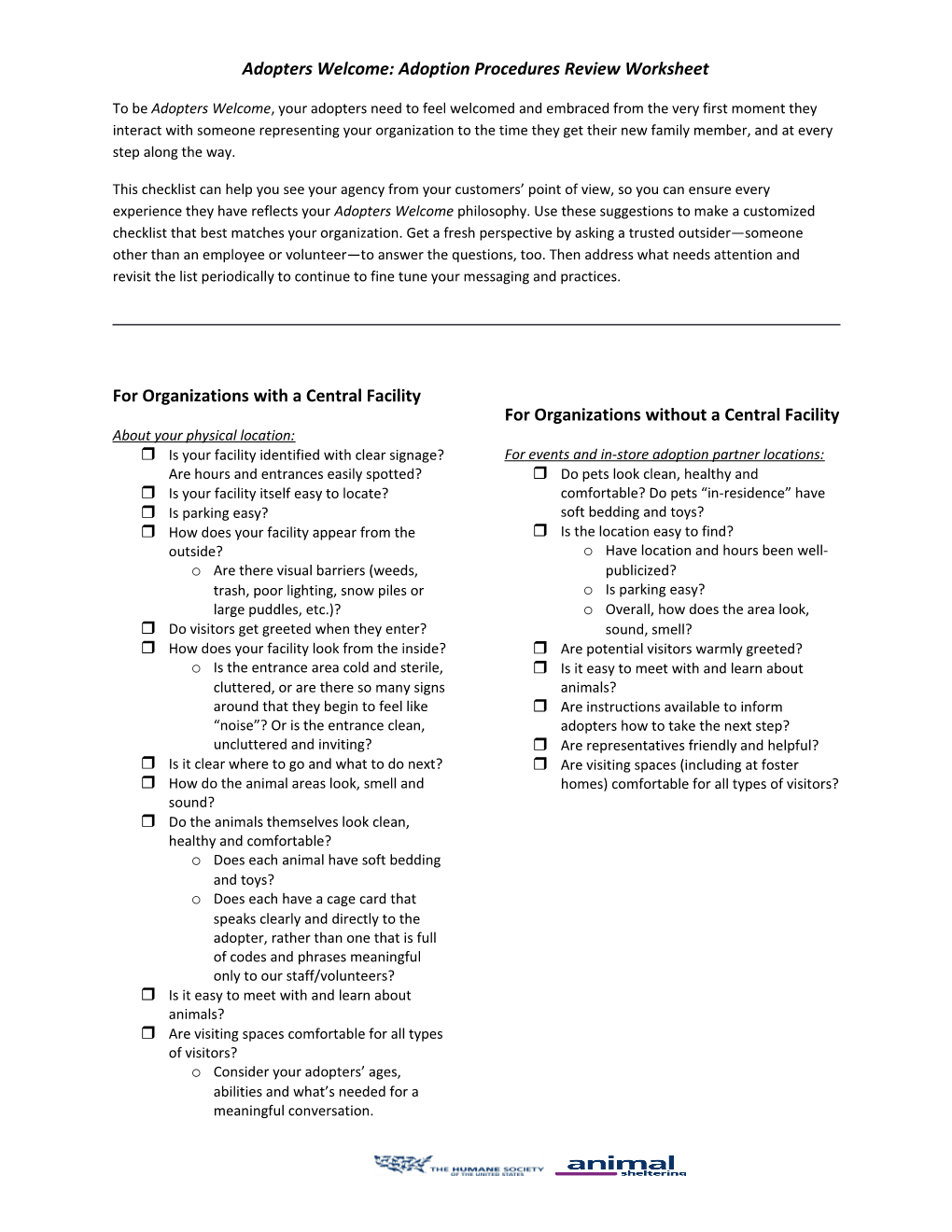 Adopters Welcome: Adoption Procedures Review Worksheet