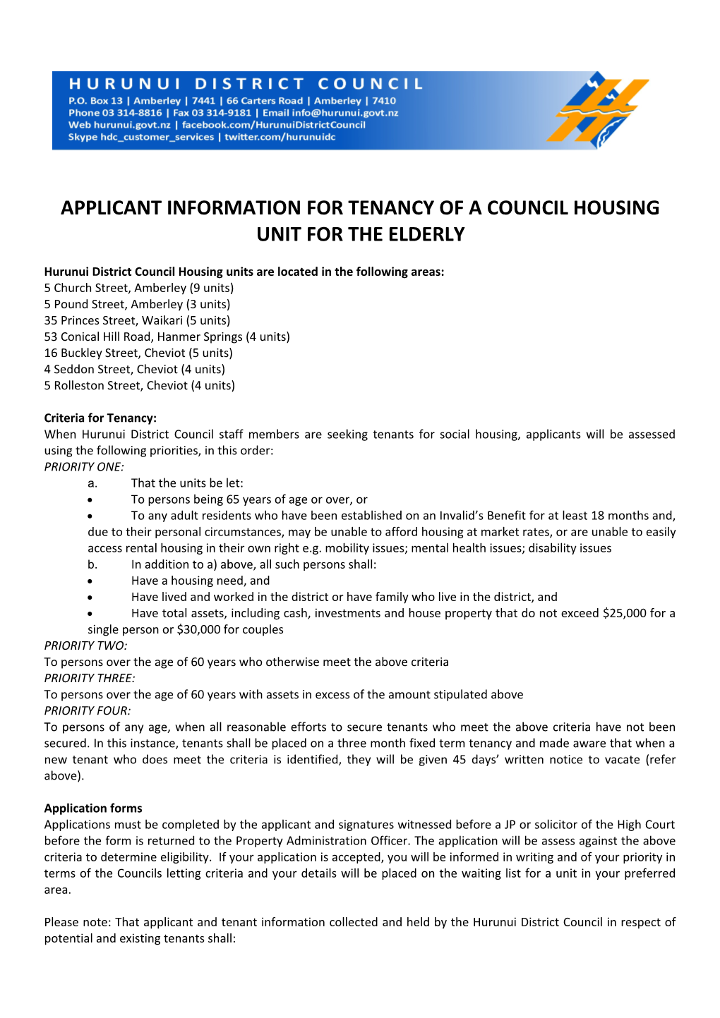 Applicant Information for Tenancy of a Council Housing Unit for the Elderly