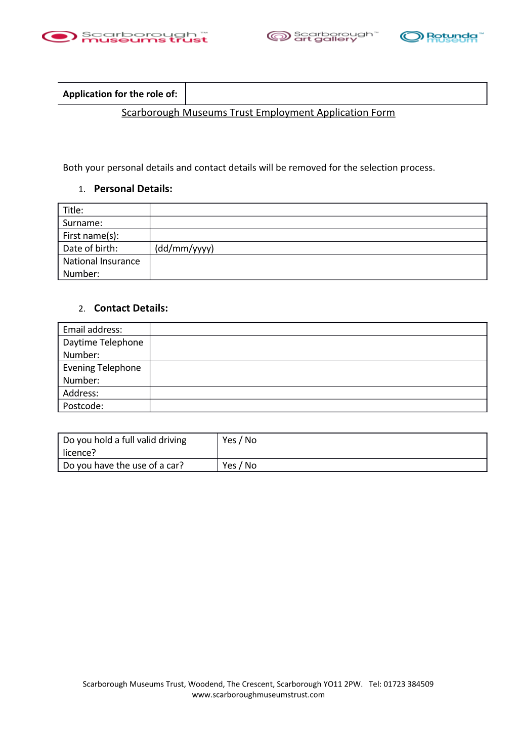 Scarborough Museums Trust Employment Application Form
