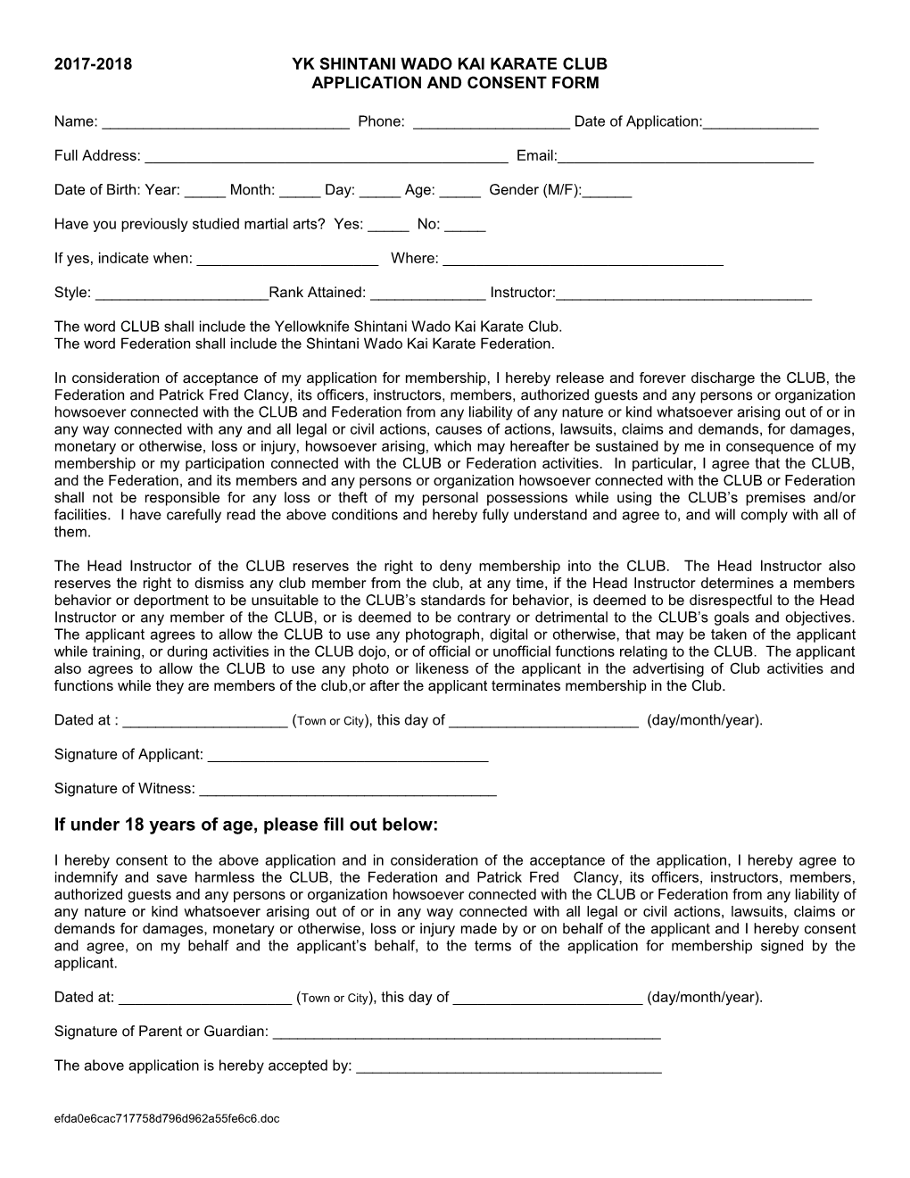Application and Consent Form