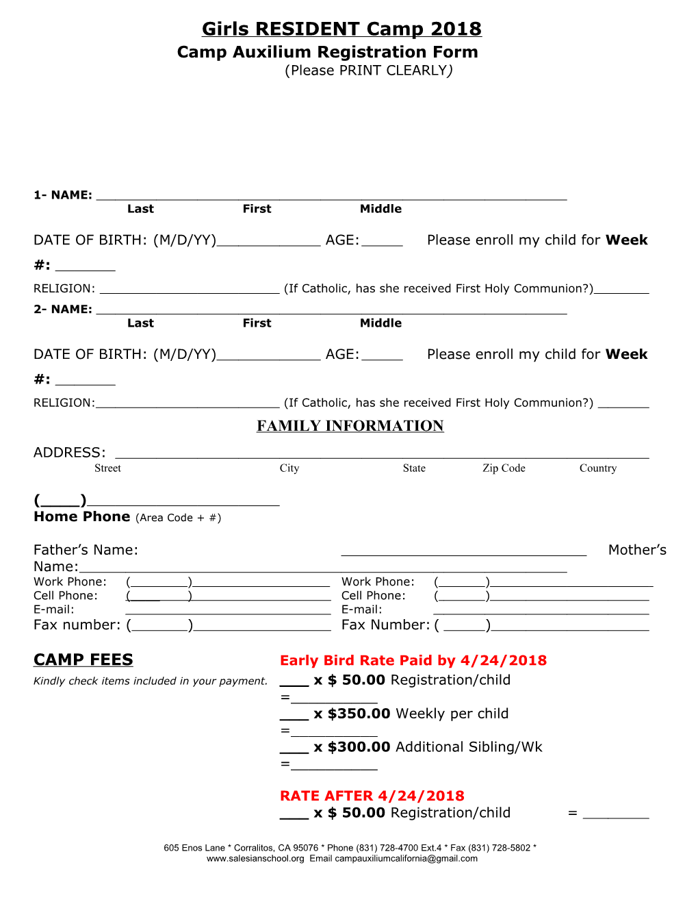Camp Auxilium Registration Form