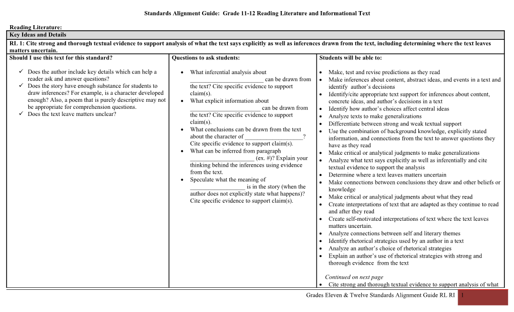 Standards Alignment Guide: Grade11-12 Reading Literature and Informational Text