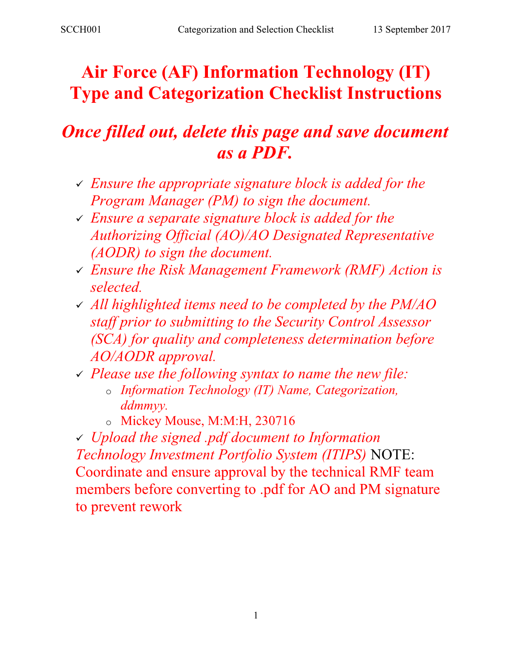 Air Force (AF) Information Technology (IT)Type and Categorization Checklist Instructions