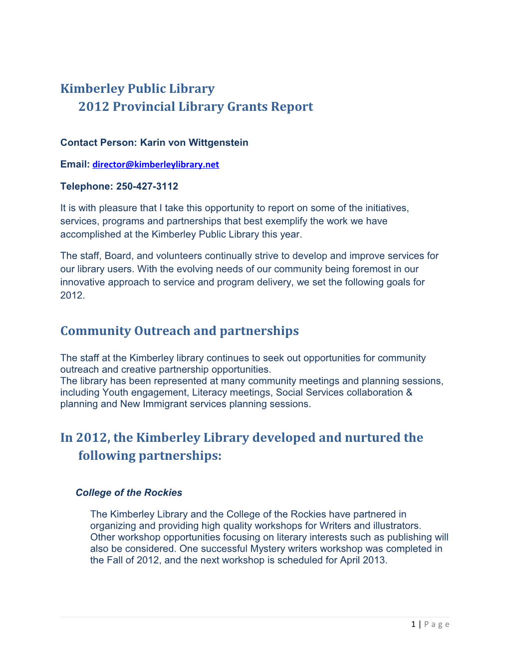 Kimberley Public Library2012 Provincial Library Grants Report