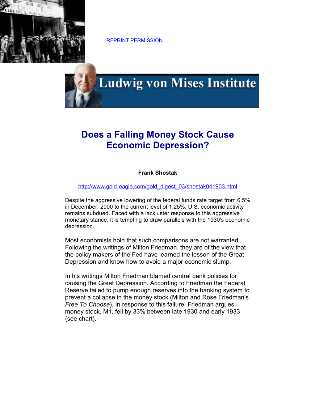 Does a Falling Money Stock Cause Economic Depression?