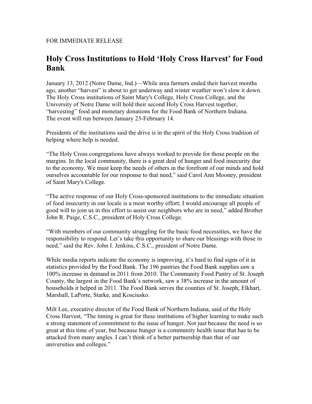Holy Cross Institutions to Hold Holy Cross Harvest for Food Bank