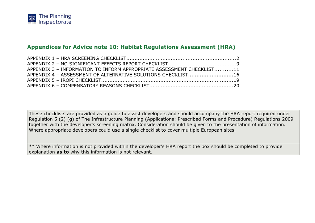 Appendices for Advice Note 10: Habitat Regulations Assessment (HRA)