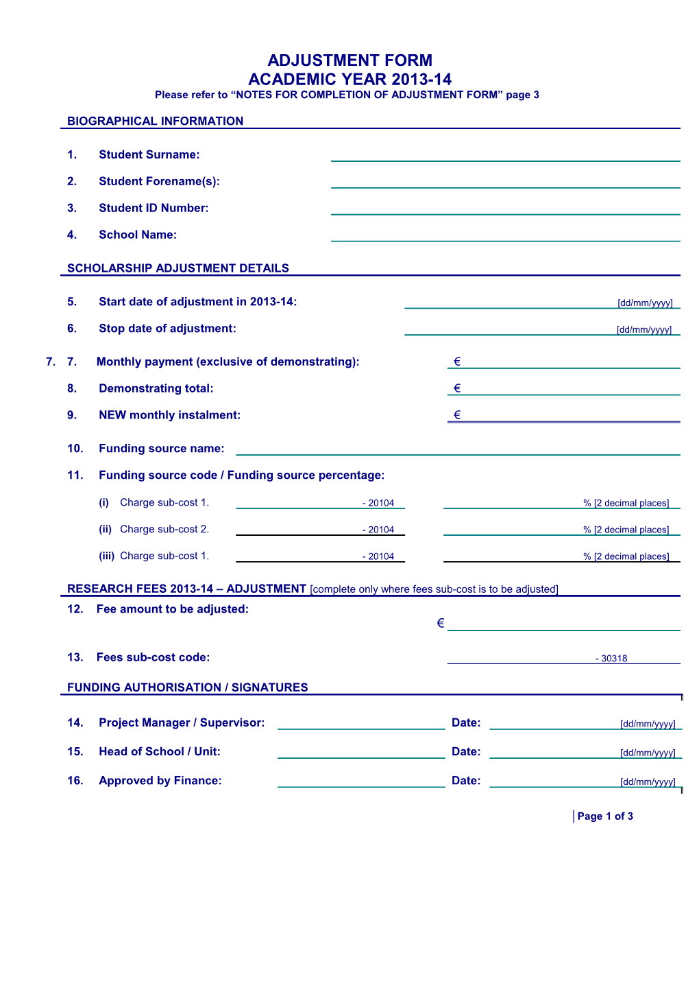 Please Refer to NOTES for COMPLETION of ADJUSTMENT FORM Page 3