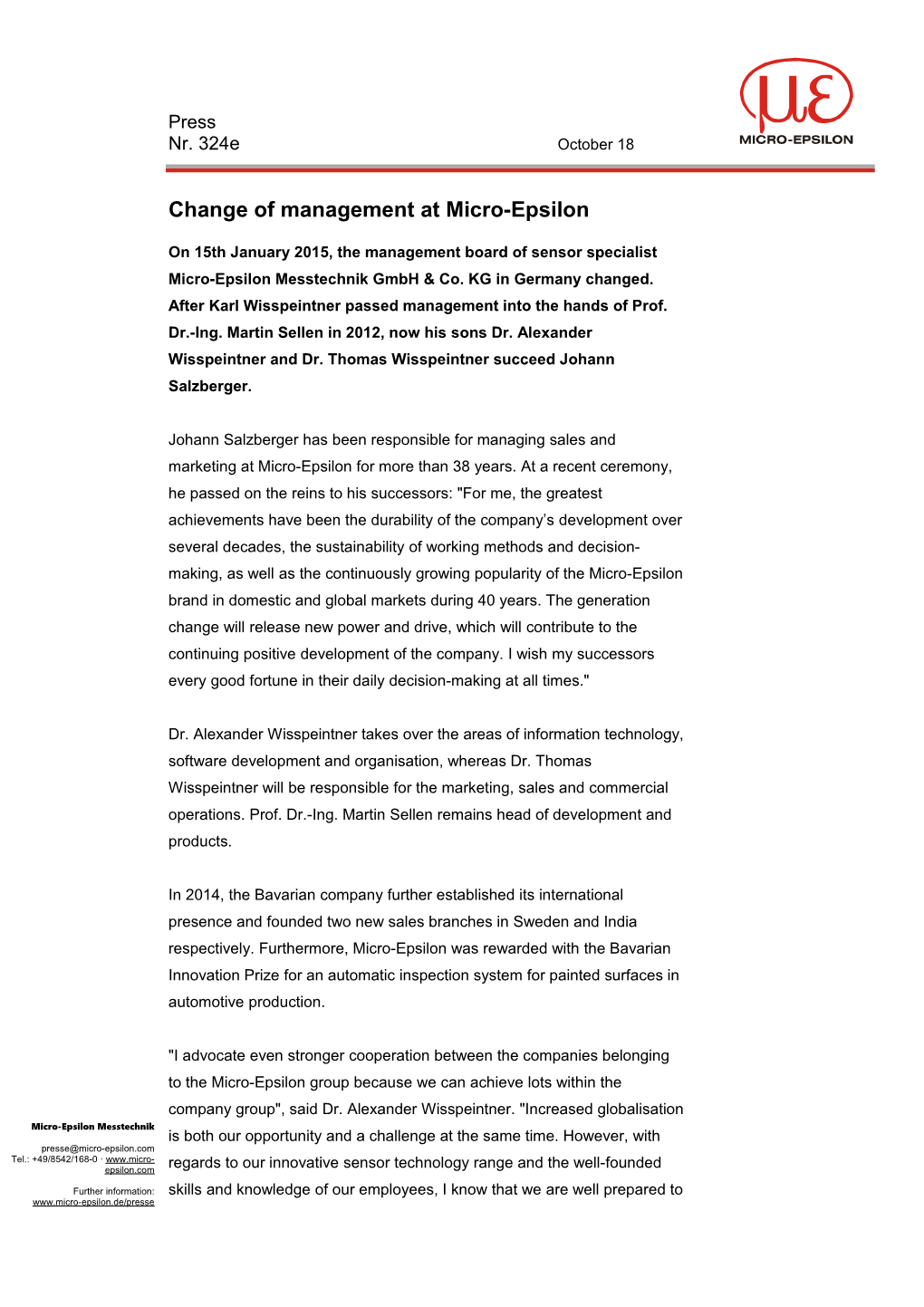 Change of Management at Micro-Epsilon