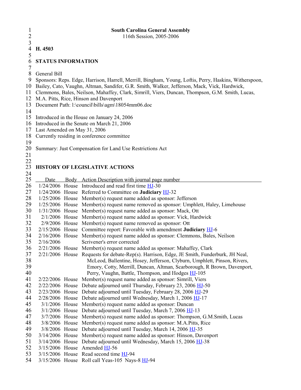 2005-2006 Bill 4503: Just Compensation for Land Use Restrictions Act - South Carolina